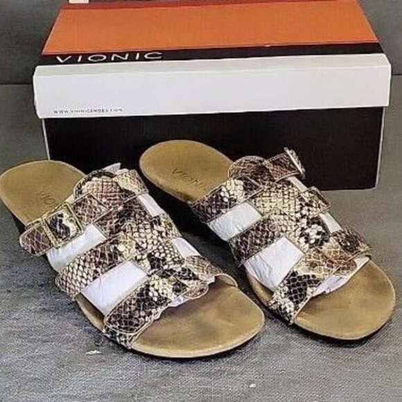 BOGO Vionic Radia Podiatrist Designed Wedge Slip On Sandals Snakeskin Slides 7 - Picture 1 of 5